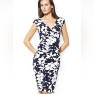 Lauren RL Black White Floral Cap Sleeve Sheath Dress Sz 12